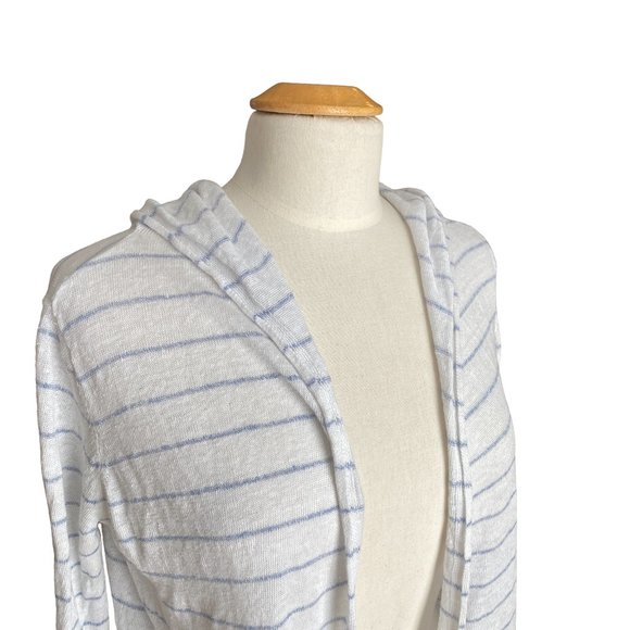 Cynthia Rowley Linen Cardigan Sz M Nautical Striped Coastal Grandma Hooded Beach - Picture 3 of 10